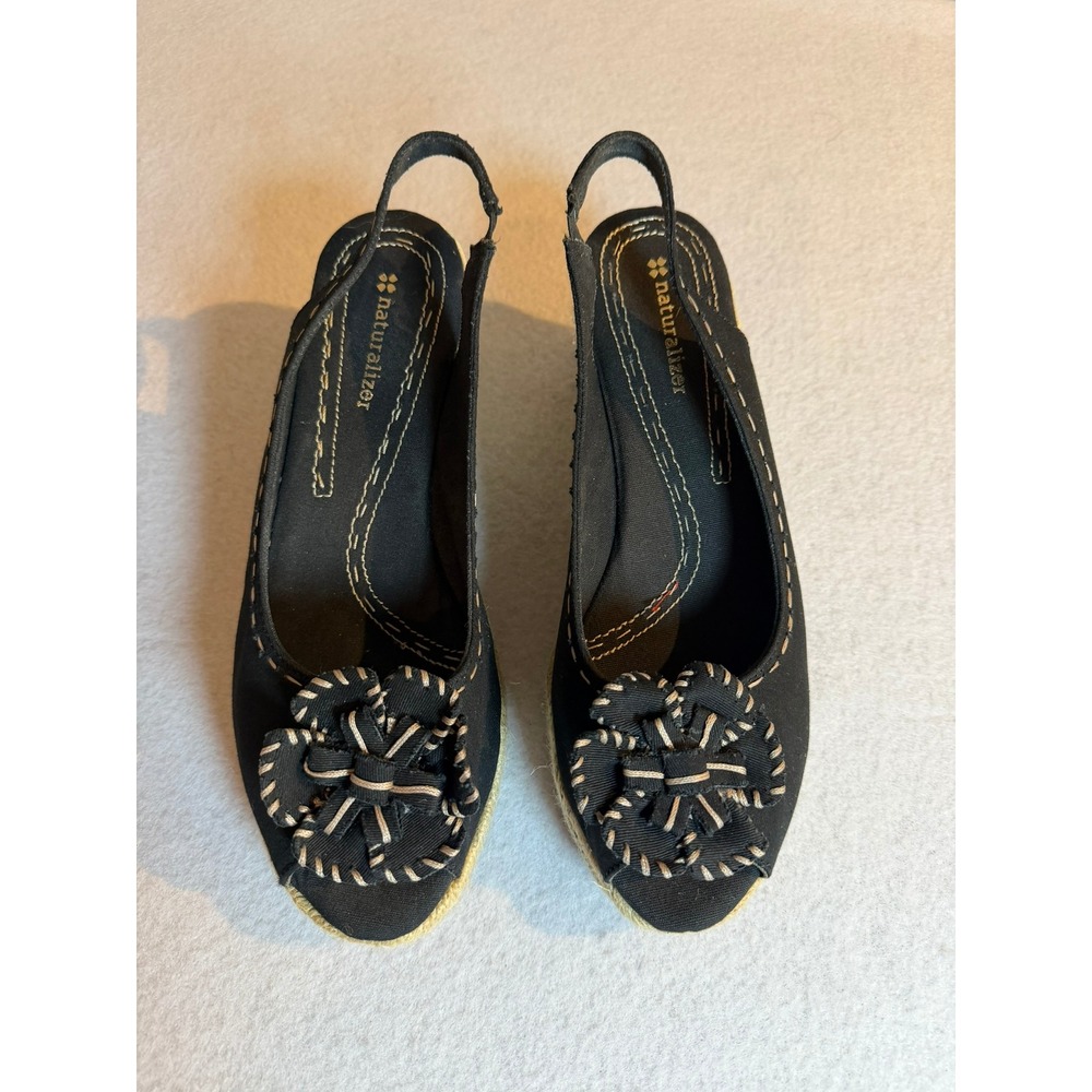 Naturalizer Berlynn Black Espadrille Wedge Slingback Peep‎ Toe Flower Shoes 9M